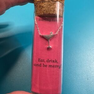 925 Silver chain and pendant with a martini glass and rhinestone NEW